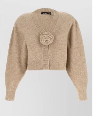 ROTATE BIRGER CHRISTENSEN Textured Knit Cropped V-Neck Cardigan - Natural