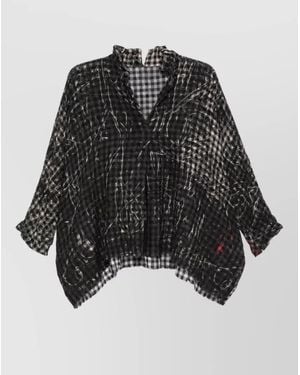 Daniela Gregis Wool Checked Crinkled V-Neck Long-Sleeve Blouse - Black