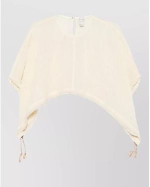 120% Lino Linen Blouse Cropped Silhouette Tassel Detail - Natural