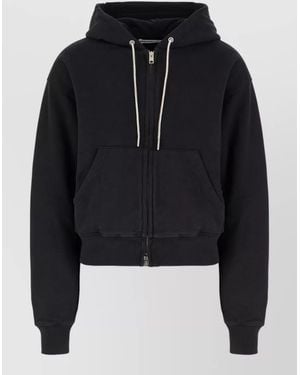 Alexander Wang Cotton Hooded Sweatshirt Drawstring Ribbed Cuffs Hem - Black