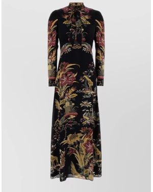 Etro Long Floral Crepe Dress Belted Waist - Black