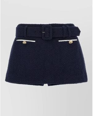 Self-Portrait Bouclé Wool Skort Belted Waist Buttons Pockets - Blue