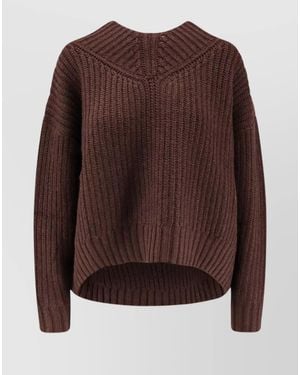 STAUD Wool Ribbed V-Neck Asymmetric Hem Sweater - Brown