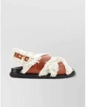Marni Fur Trimmed Crossed Flat Sole Sandal - Natural