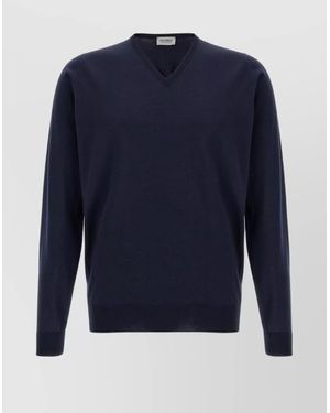 John Smedley V-Neck Sweater With Ribbed Cuffs And Hem - Blue