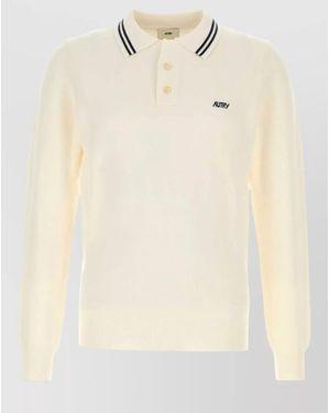 Autry Knit Polo Shirt Contrast Collar Ribbed Cuffs Hem - Natural