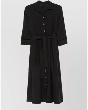 120% Lino Linen Dress Belted Waist Side Pockets - Black