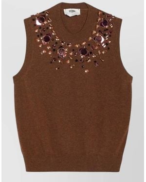 Fendi Knit Top Sleeveless Embellished Neckline - Brown
