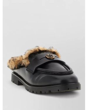 Pinko Leather Fur-Lined Mules - Gray