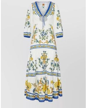 FARM Rio Floral Print V-Neck Drawstring Tiered Midi Dress - Blue