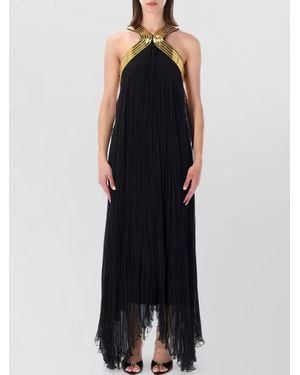 Alberta Ferretti Long Chiffon Dress Metallic Embroidery - Black