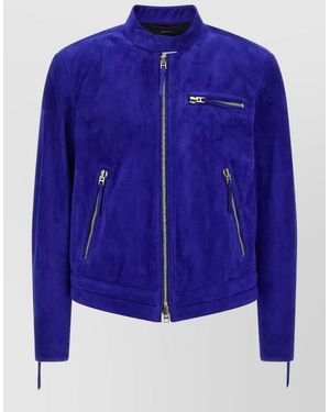 Tom Ford Biker Jacket Suede Finish Chest Pocket - Blue