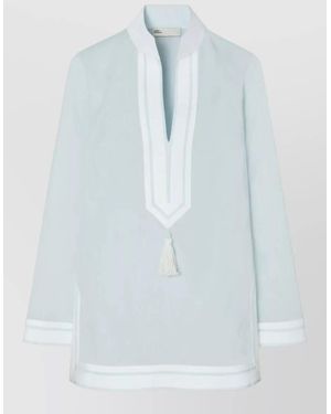 Tory Burch Cotton V-Neck Long-Sleeve Tunic - Blue