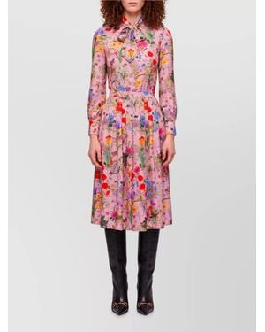 Gucci Silk Floral Print Pleated Midi Dress - Red