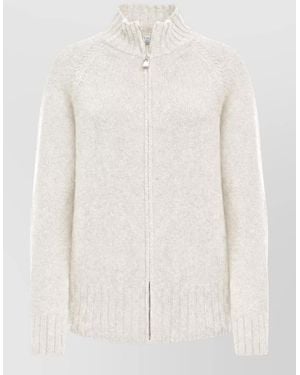 Malo Cashmere Fine-Knit Funnel-Neck Zip-Up Bomber Jacket - White