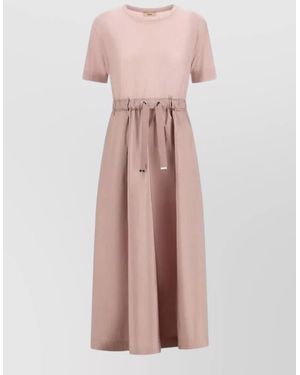 Herno Midi Dress Short Sleeves Round Neckline Drawstring - Pink