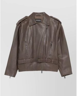Emporio Armani Cropped Leather Jacket Belted Waist Lapels - Brown