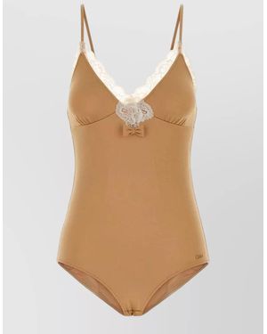 Chloé Stretch Nylon Lace Bodysuit V Neckline - Natural