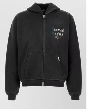 Represent Cotton Hooded Sweatshirt Front Pockets Ribbed - Black