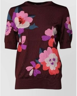 Dolce & Gabbana Floral Silk Crew Neck Knit Top - Red