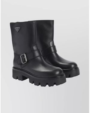 Prada Chunky Sole Leather Ankle Boots - Black