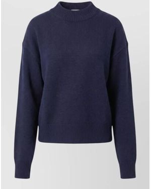 Pinko High Neck Long Sleeve Ribbed Silk Blend Top - Blue