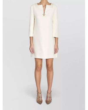 Valentino Garavani Silk Virgin Wool Kaftan Neck 3/4 Sleeve Knee-Length Dress - White