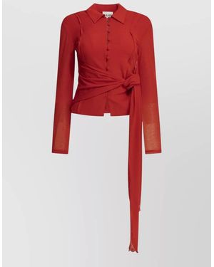 Ganni Polo Shirt Buttons Collar Long Sleeves Tie - Red