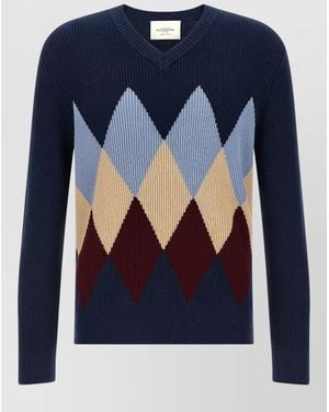 Ballantyne Argyle Pattern V Neck Ribbed Sweater - Blue