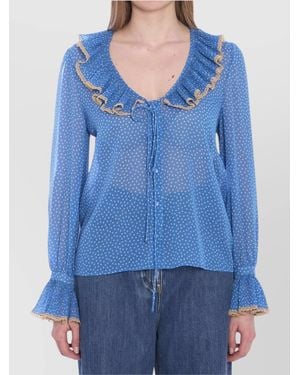 Valentino Garavani Silk Printed V-Neck Blouse - Blue