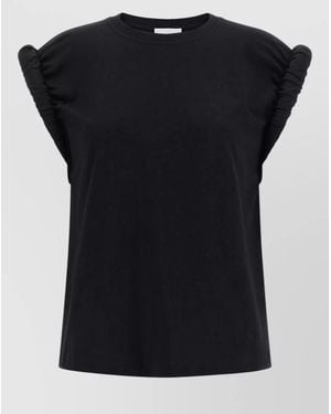 Nude Crew Neck T-Shirt Ruched Sleeve Design - Black