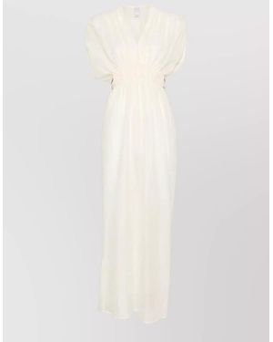 120% Lino Linen Maxi Dress Elastic Waist V Neckline - White