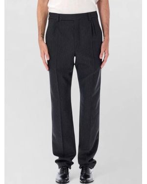 Saint Laurent Striped Herringbone Mid-Rise Tapered Wool Tailored Trousers - Blue