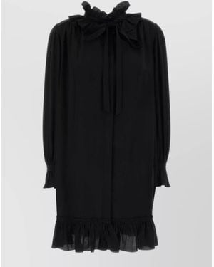 Chloé Crepe Mini Dress Long Sleeves Ruffles Bow - Black