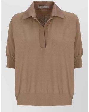 D.exterior Viscose Polo Shirt Ribbed Trims V Neck - Brown