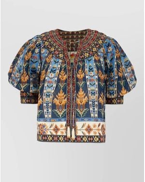 FARM Rio Floral Cotton Blouse Puff Sleeves Embroidery - Blue