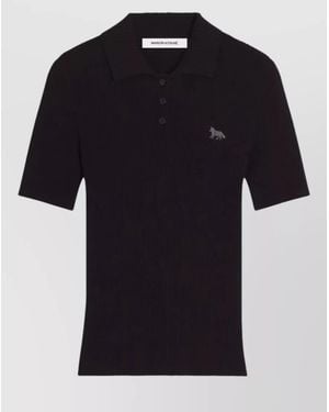 Maison Kitsuné Fine-Knit Logo-Embroidered Polo Top - Black