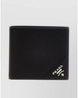 Prada Logo Bi-Fold Wallet Textured Finish - Black