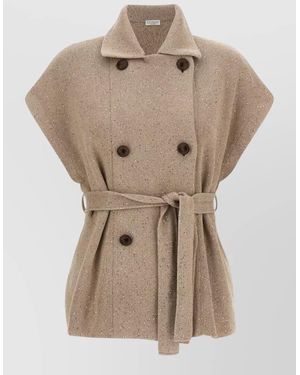 Brunello Cucinelli Diamante Knit Vest Belted Waist Collar - Natural