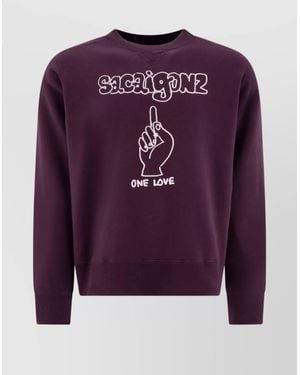 Sacai Graphic Print Crewneck Sweatshirt With Ribbed Cuffs - Purple