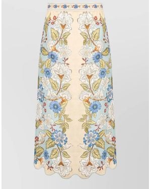 FARM Rio Floral High Waist Midi Skirt Scalloped Hem - Multicolour