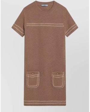 Prada Short Sleeve Dress Contrast Stitching Pockets - Brown