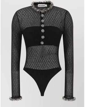 Self-Portrait Pointelle Knit Long-Sleeve Bodysuit - Black