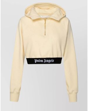 Palm Angels Ribbed Hooded Cotton Cropped Sweatshirt - Natural