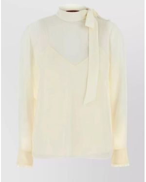 Gucci Crepe Blouse With Buttoned Cuffs And Shoulder - Natural