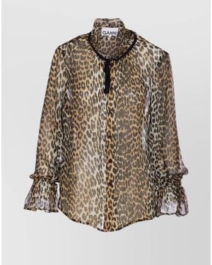 Ganni Leopard Print Viscose Long-Sleeve Blouse - Multicolour