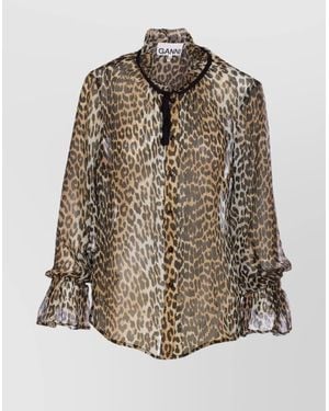Ganni Leopard Print Viscose Long-Sleeve Blouse - Multicolour
