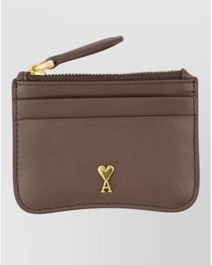Ami Paris Paris Zipped Leather Card Holder Keyring - Brown