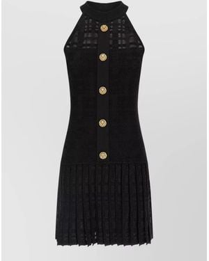 Balmain Pleated Tartan Knit Halterneck Sleeveless Mini Dress - Black