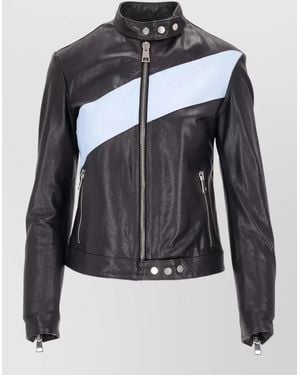 LA ROSE Leather Bomber Jacket Colour Block Design - Black